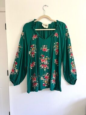 Savanna Jane Plus Size Teal Green Embroidered Floral Boho Long Sleeve Blouse
